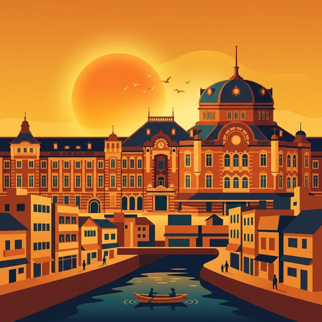 Vintage travel-poster illustration of Tokyo with the red brick Tokyo Station