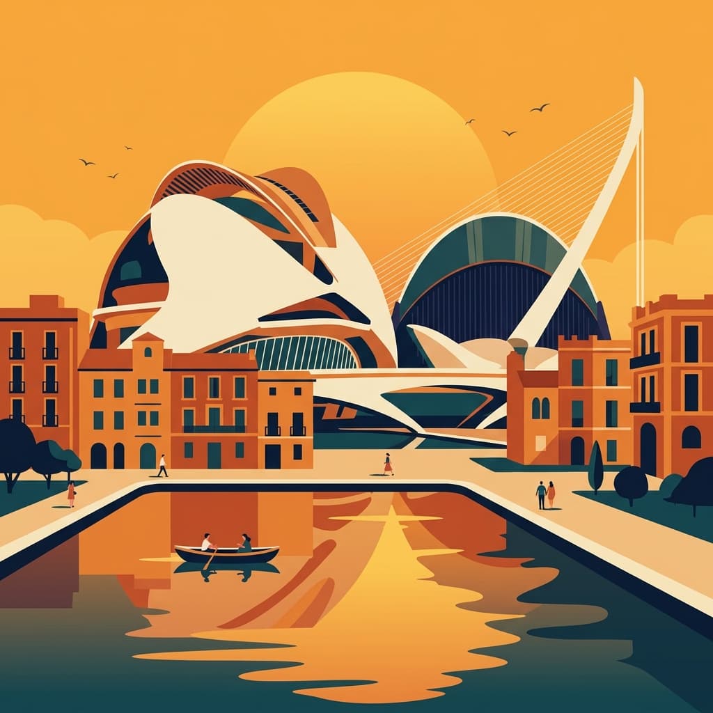 Vintage travel-poster illustration of Valencia with the City of Arts and Sciences