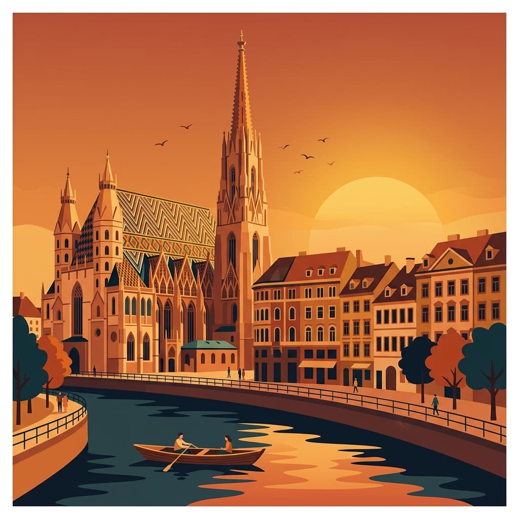 Vintage travel-poster illustration of Vienna with the Schönbrunn Palace