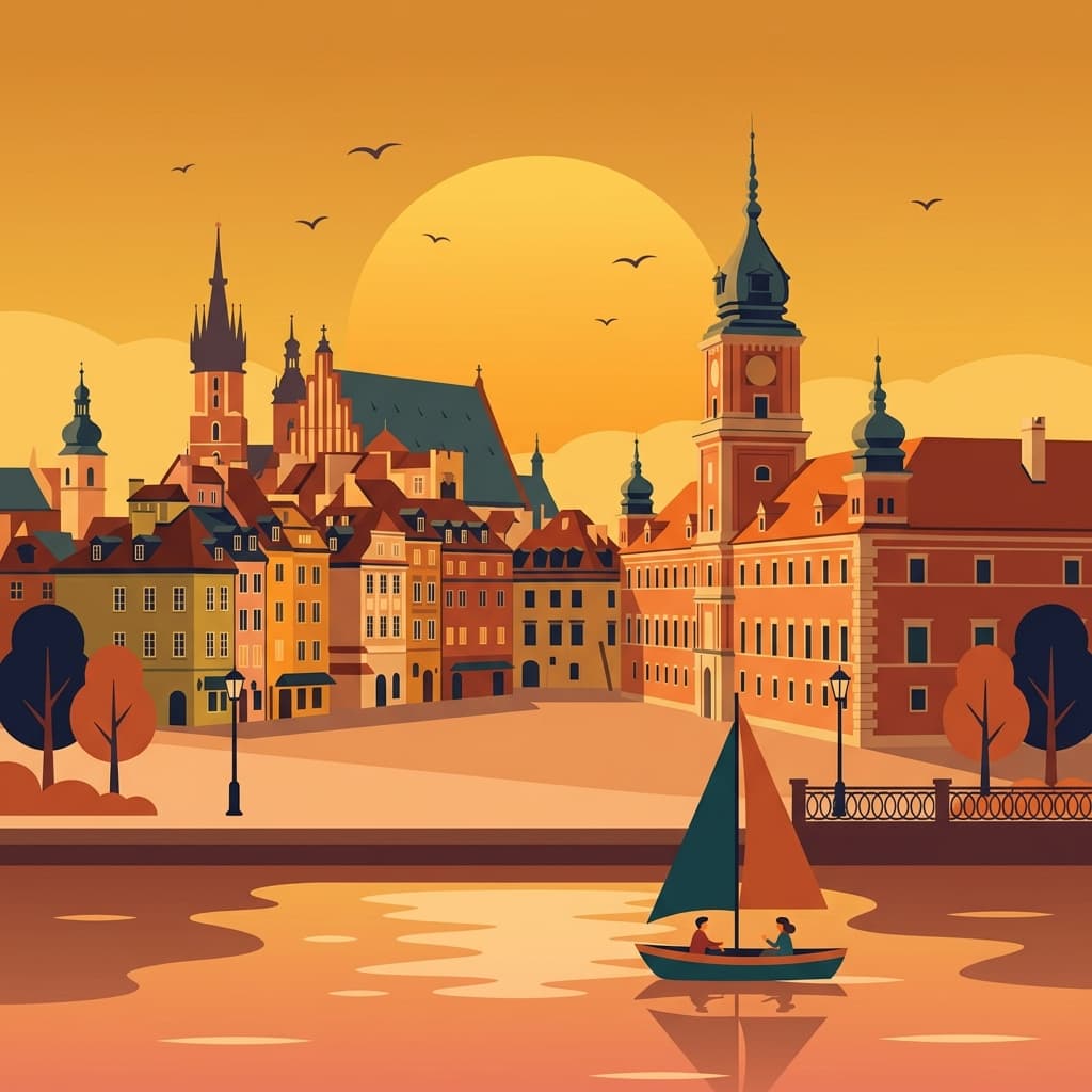 Vintage travel-poster illustration of Warsaw