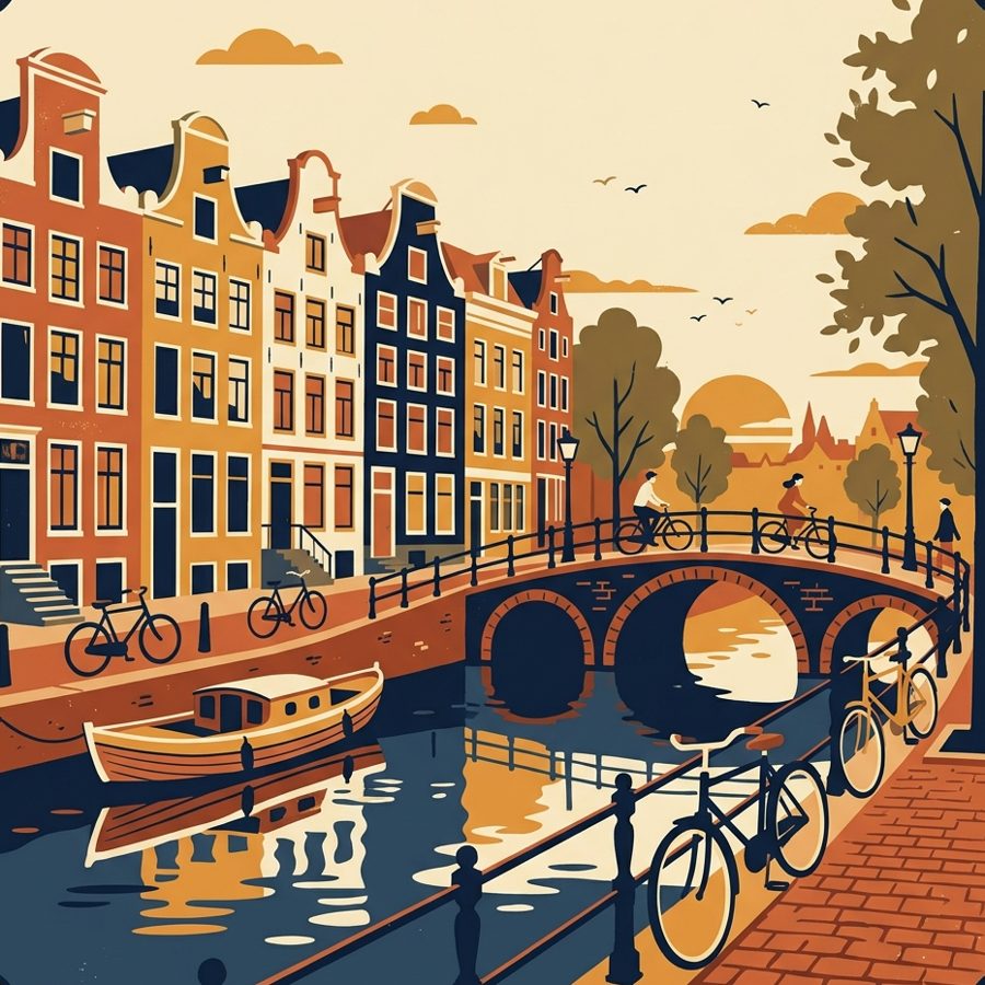 Vintage travel-poster illustration of Amsterdam canal houses and a canal bridge with bicycles