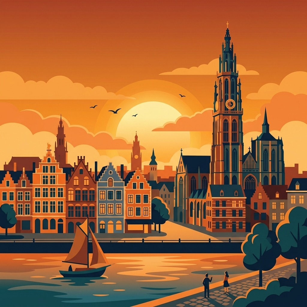 Vintage travel-poster illustration of Antwerp with the Cathedral of Our Lady, Grote Markt guild houses and the river Scheldt