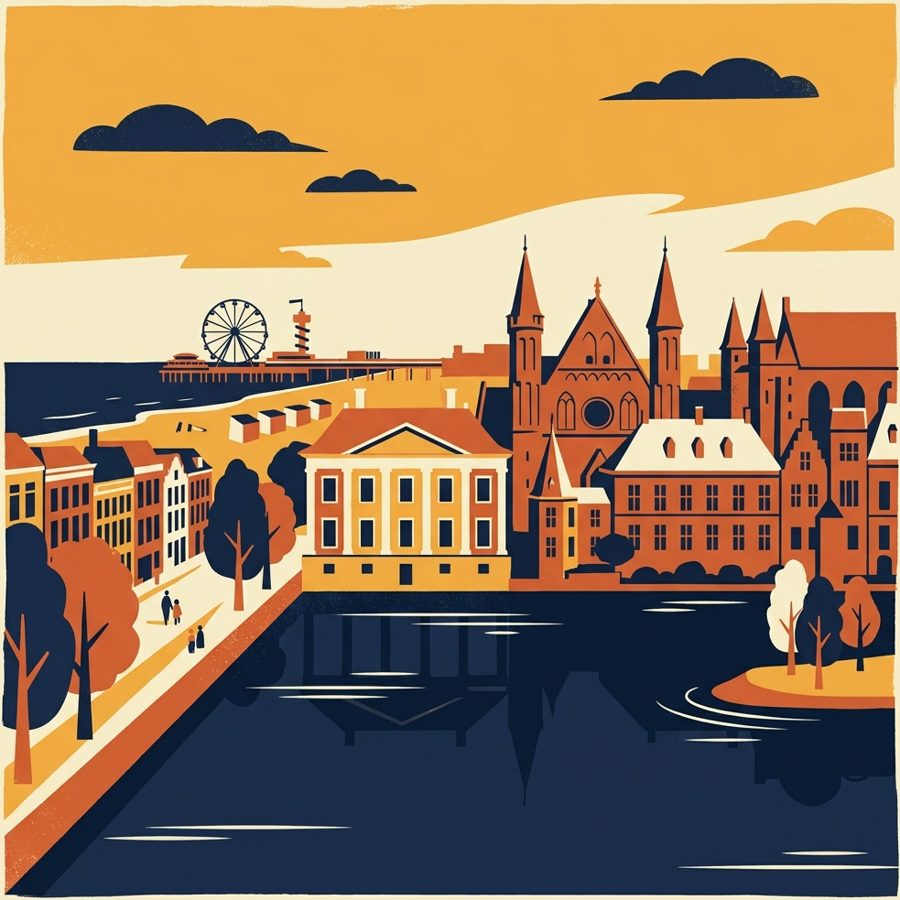Vintage travel-poster illustration of Den Haag with the Binnenhof and Hofvijver
