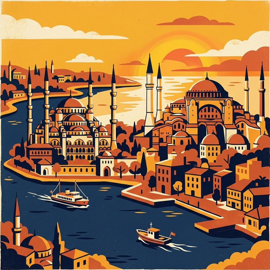 Vintage travel-poster illustration of Istanbul with mosque domes and minarets on the Bosphorus