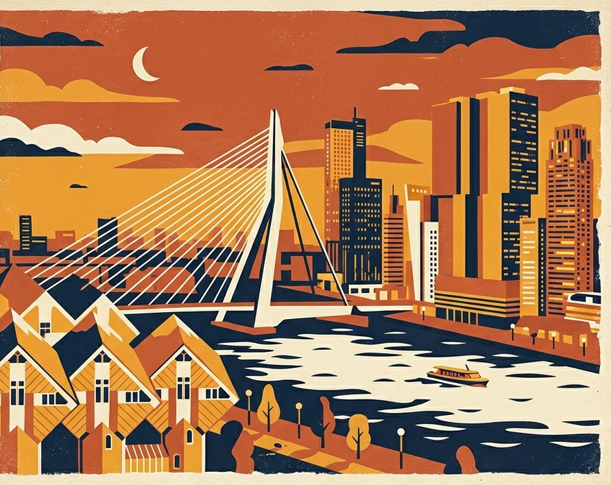 Vintage travel-poster illustration of Rotterdam with the Erasmusbrug and Cube Houses
