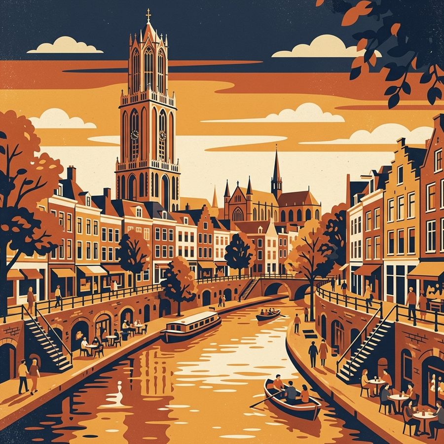 Vintage travel-poster illustration of Utrecht with the Domtoren and Oudegracht canal